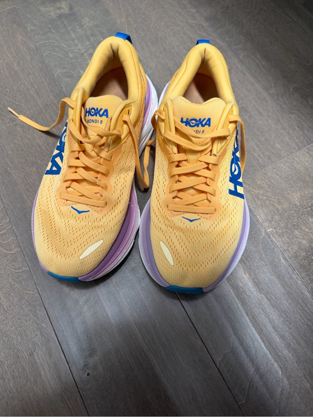 Hoka Bondi 8 Women’s Running Shoes - Yellow with Blue and Lavender Accents